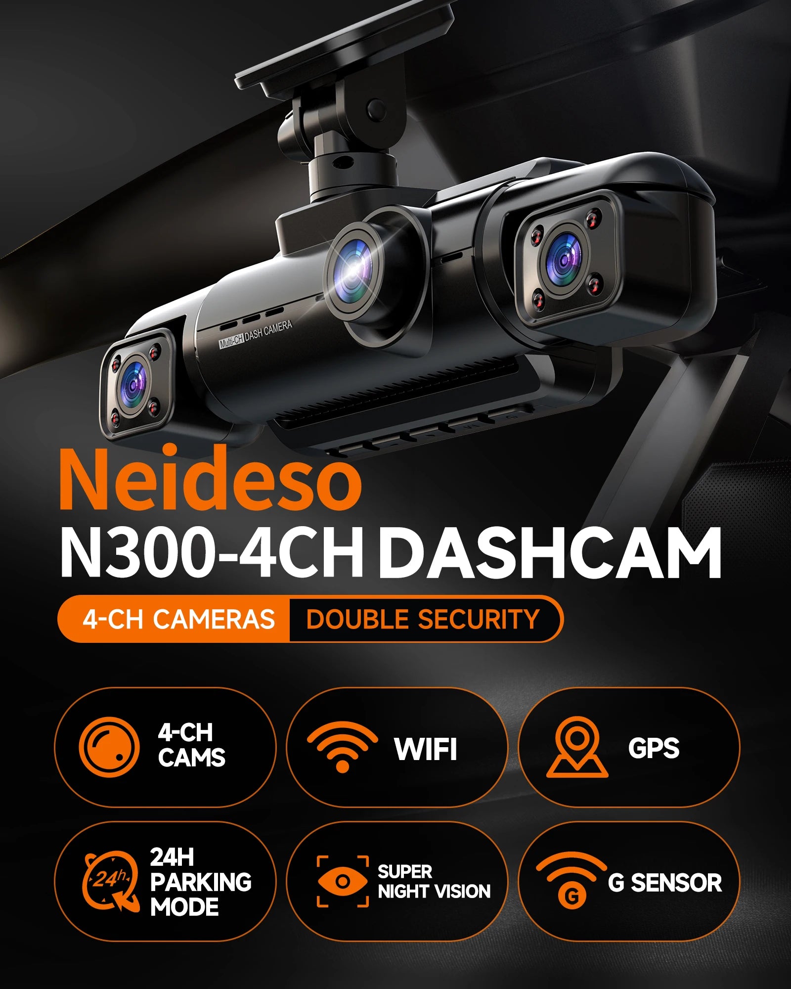 4CH Dash Cam 1080P Mini 4 Channel Front 24H Parking Monitor and Rear Dash Camera for Cars with Night Vision Built-in GPS WiFi