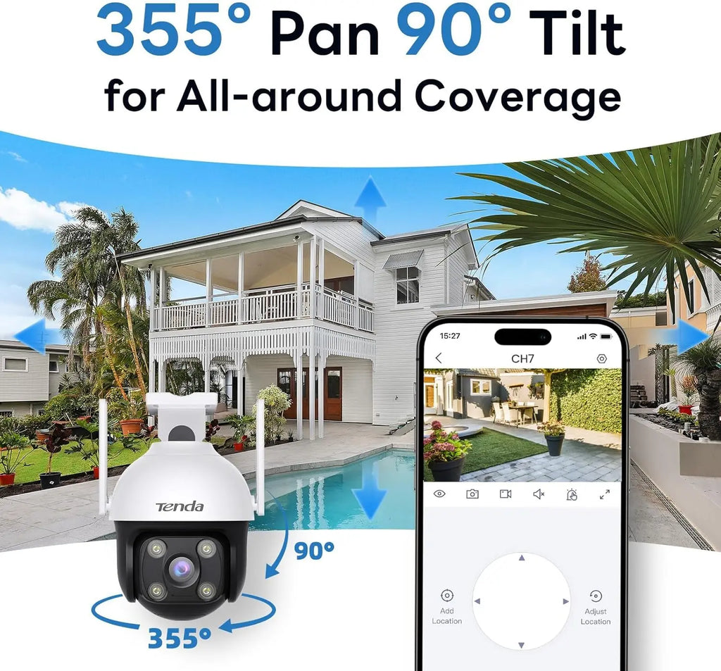 Tenda 2K QHD Outdoor Wi-Fi Security Camera 2MP CMOS Cloud Plug-in 360 Full Coverage Color Night Vision AI Human/Vehicle/Motion