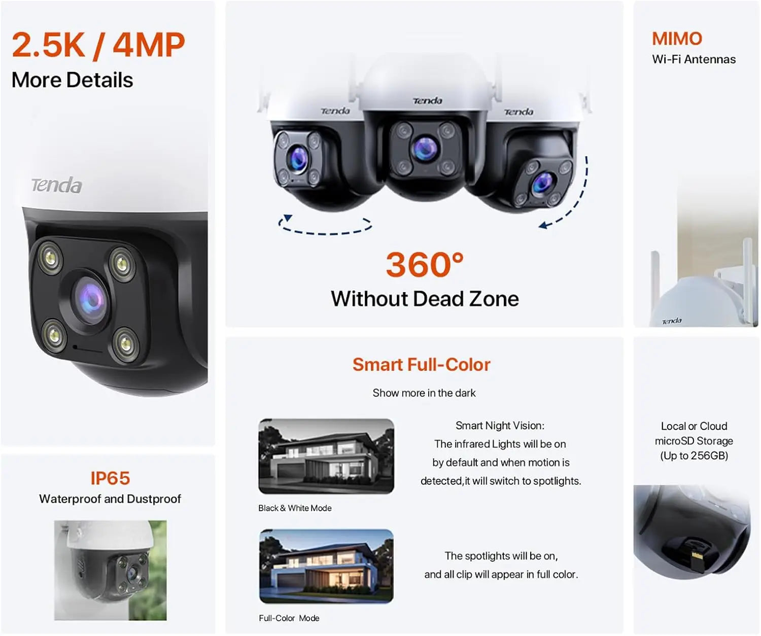 Tenda 2K QHD Outdoor Wi-Fi Security Camera 2MP CMOS Cloud Plug-in 360 Full Coverage Color Night Vision AI Human/Vehicle/Motion
