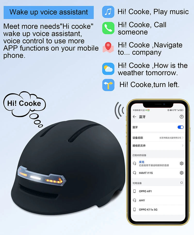 Urban Commuting Speaker Headset Bicycle BT Intelligent AI Smart Helmet Skateboard Electric Scooter Helmet with Turn signal Light