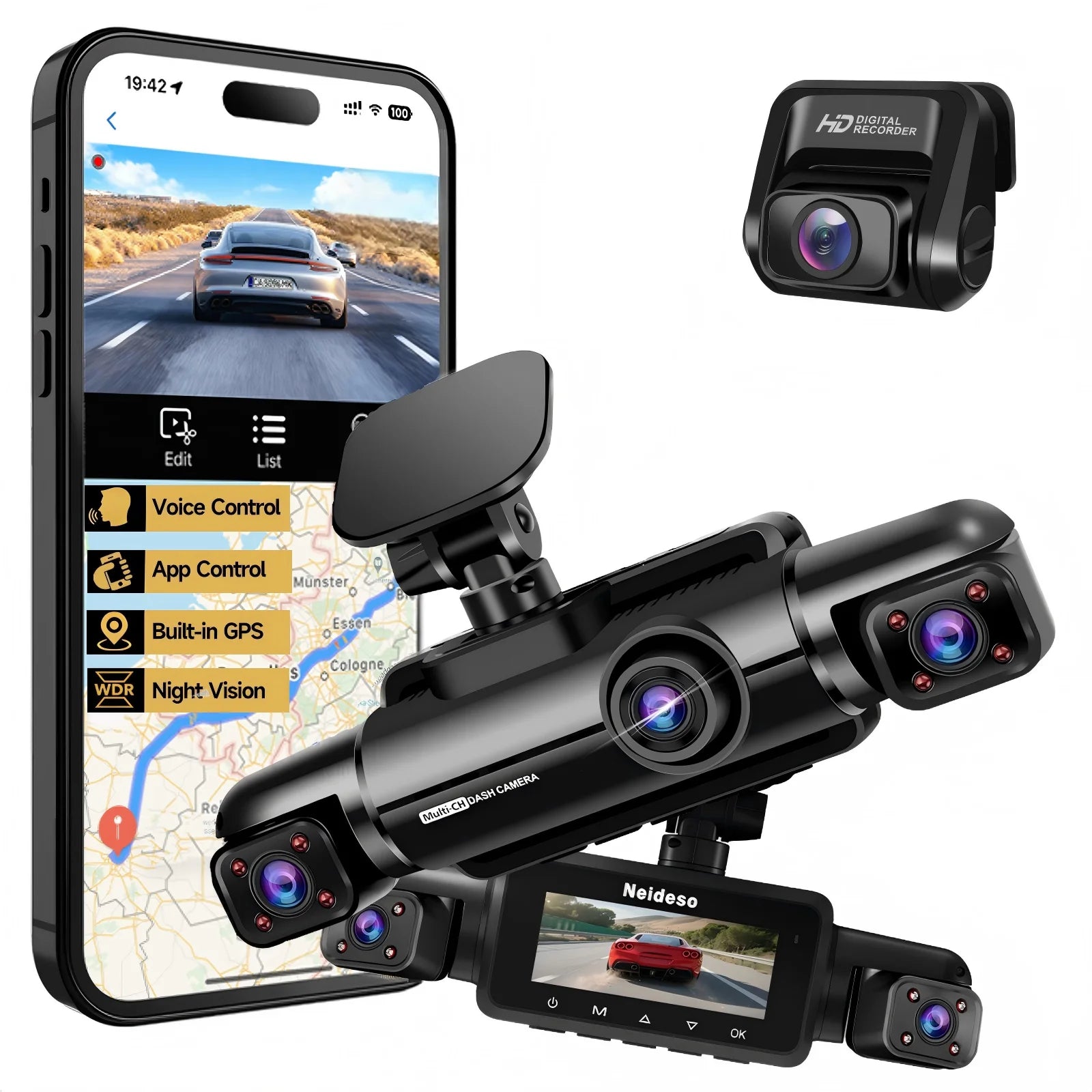 4CH Dash Cam 1080P Mini 4 Channel Front 24H Parking Monitor and Rear Dash Camera for Cars with Night Vision Built-in GPS WiFi