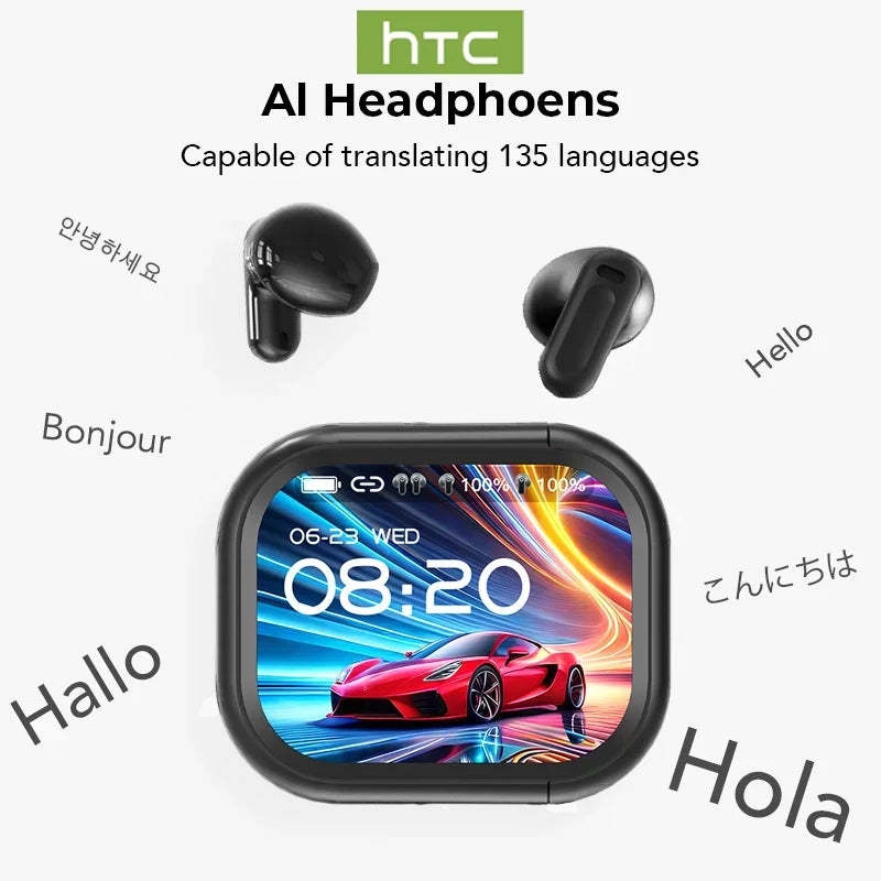 【HTC NE20】Bluetooth V6.0 Earphones AI Translator Earbuds OWS LCD Touch Screen Sport Wireless Headphones HD Stereo Sound Longlife